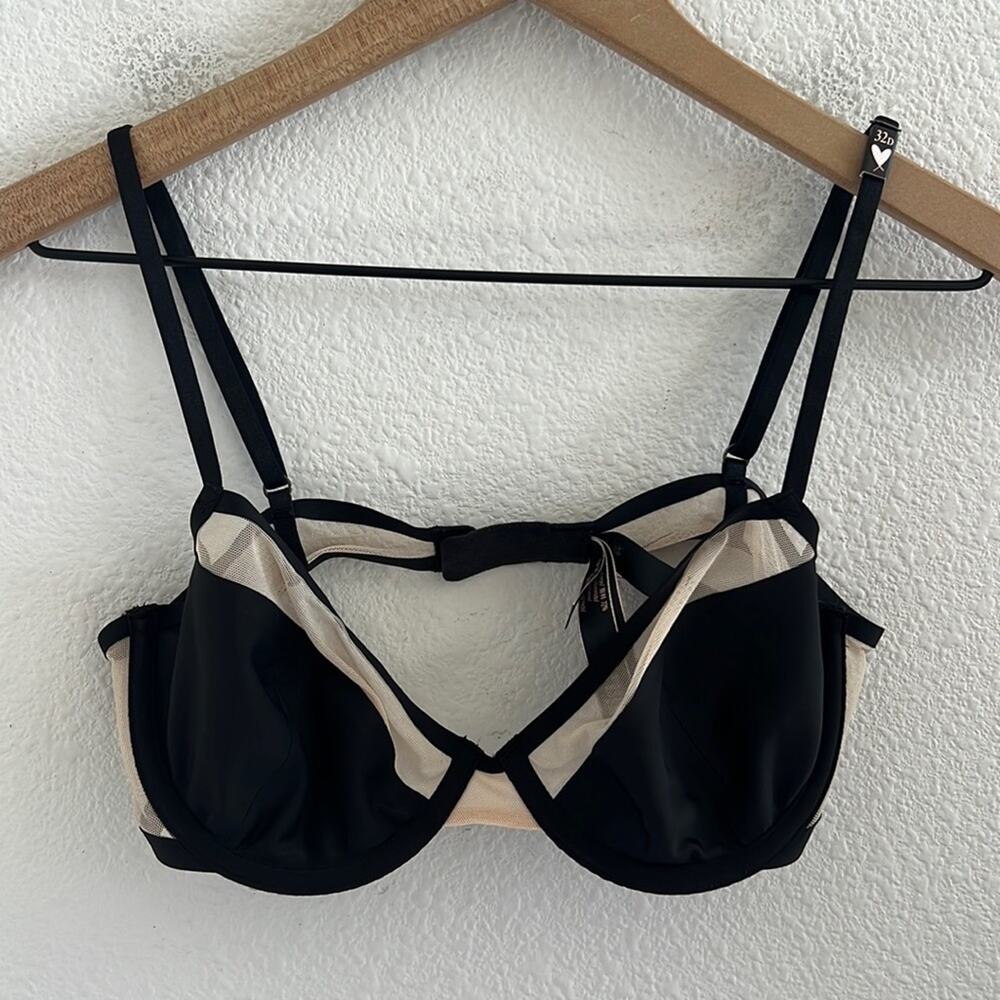 NWT Victoria's Secret Unlined Demi Bra Black Cream Mesh Underwired 32D